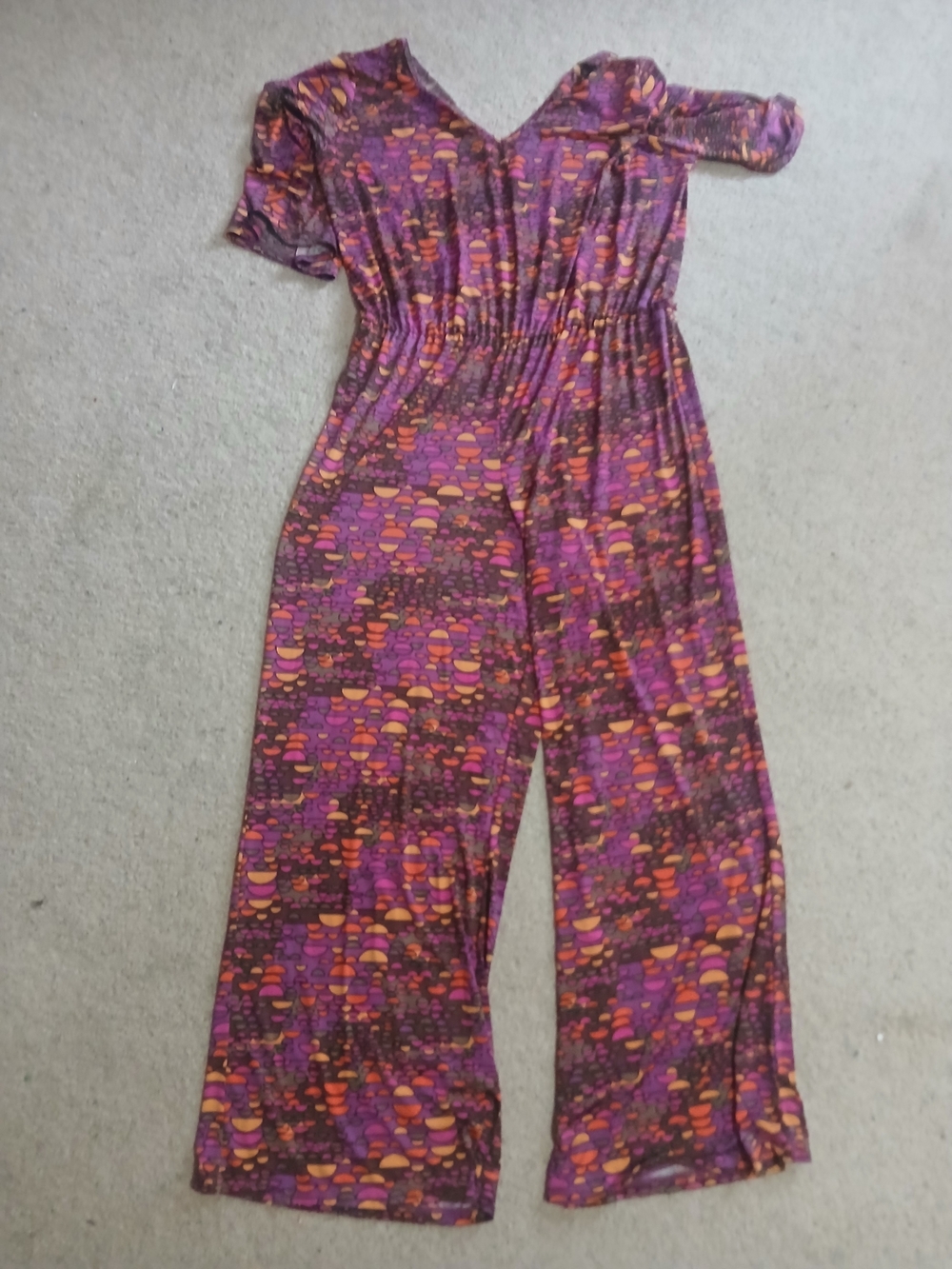 Nikki Poulous Purple & Orange Patterned Wide-Leg Jumpsuit Xl